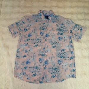 George Mens XL Pink Blue Palm Tree Tropical Cotton Button Up Shirt GM20Y032